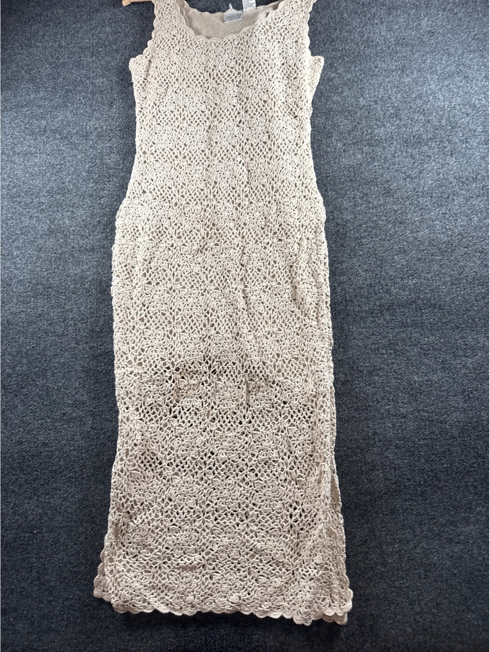 Newport News Womens S Beige Crochet Knit Sleeveless Midi Dress Cotton Ramie Boho